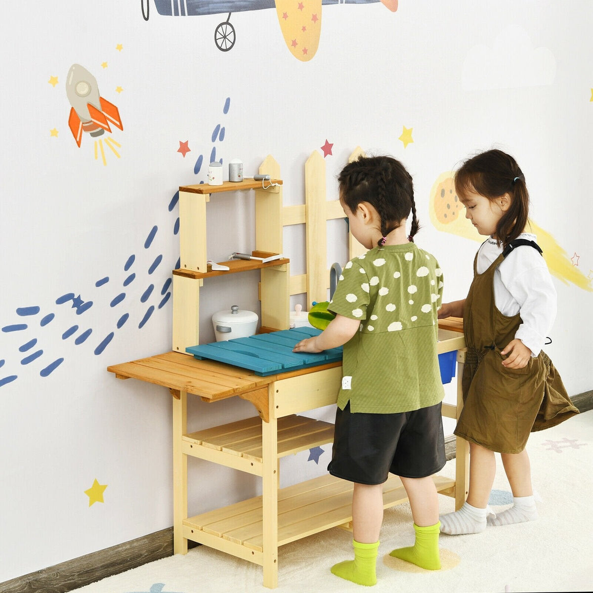 Outdoor Fir Wood Mud Kitchen for Kids with Basin, Tap and Folding Side Wings