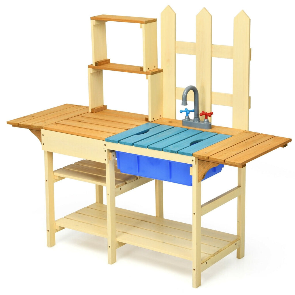 Outdoor Fir Wood Mud Kitchen for Kids with Basin, Tap and Folding Side Wings