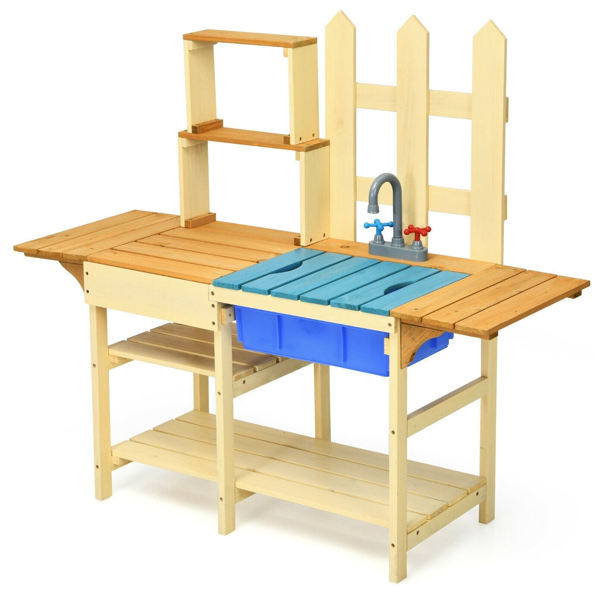 Outdoor Fir Wood Mud Kitchen for Kids with Basin, Tap and Folding Side Wings