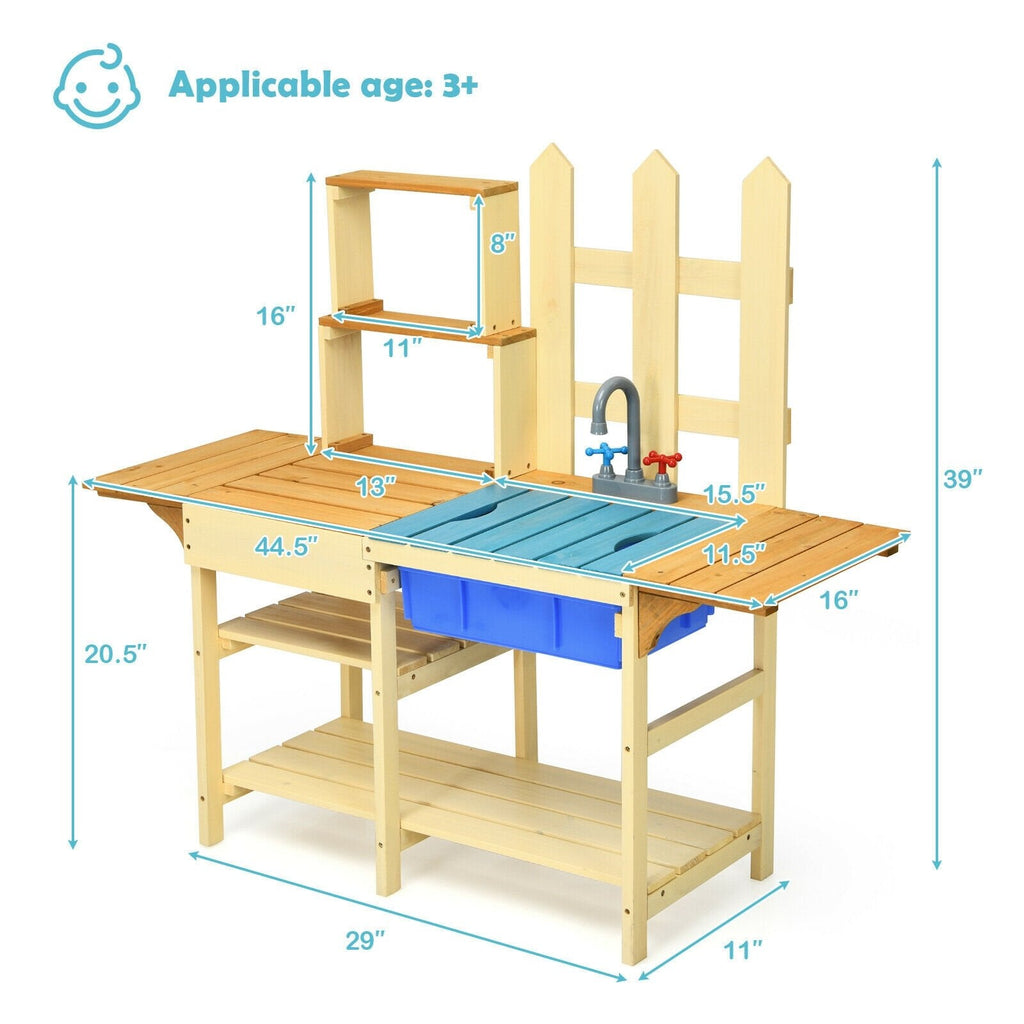 Outdoor Fir Wood Mud Kitchen for Kids with Basin, Tap and Folding Side Wings