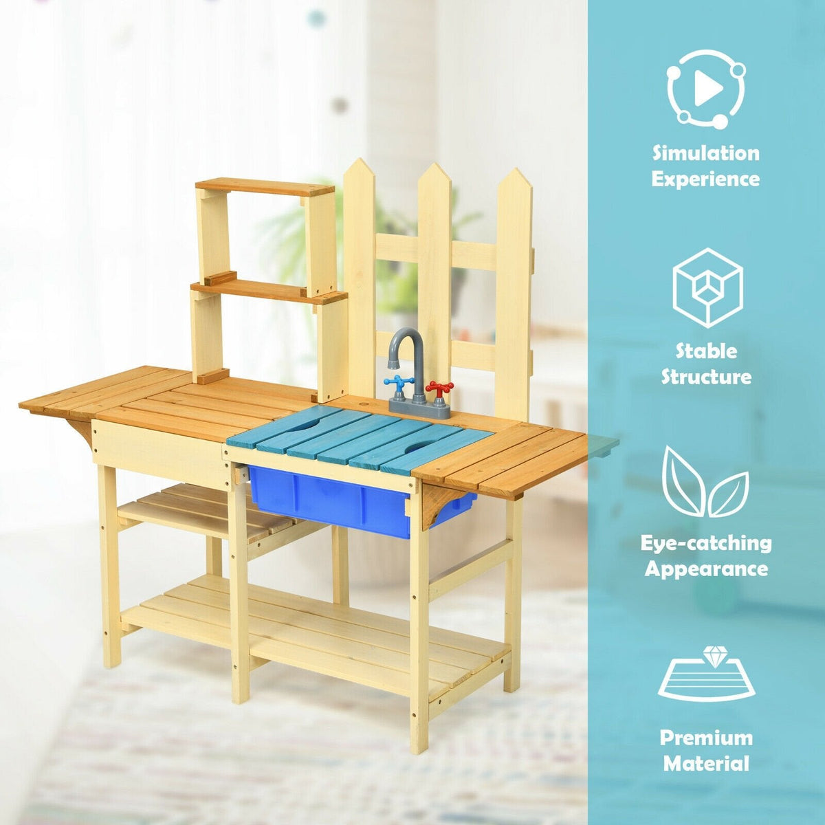 Outdoor Fir Wood Mud Kitchen for Kids with Basin, Tap and Folding Side Wings