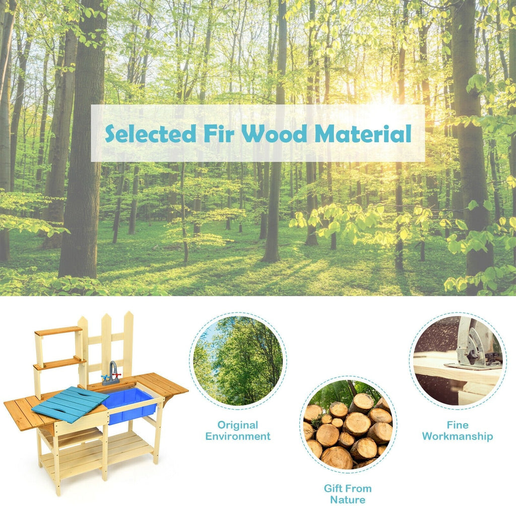 Outdoor Fir Wood Mud Kitchen for Kids with Basin, Tap and Folding Side Wings