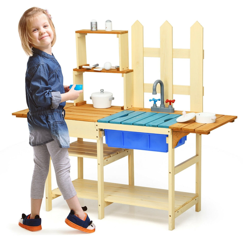 Outdoor Fir Wood Mud Kitchen for Kids with Basin, Tap and Folding Side Wings