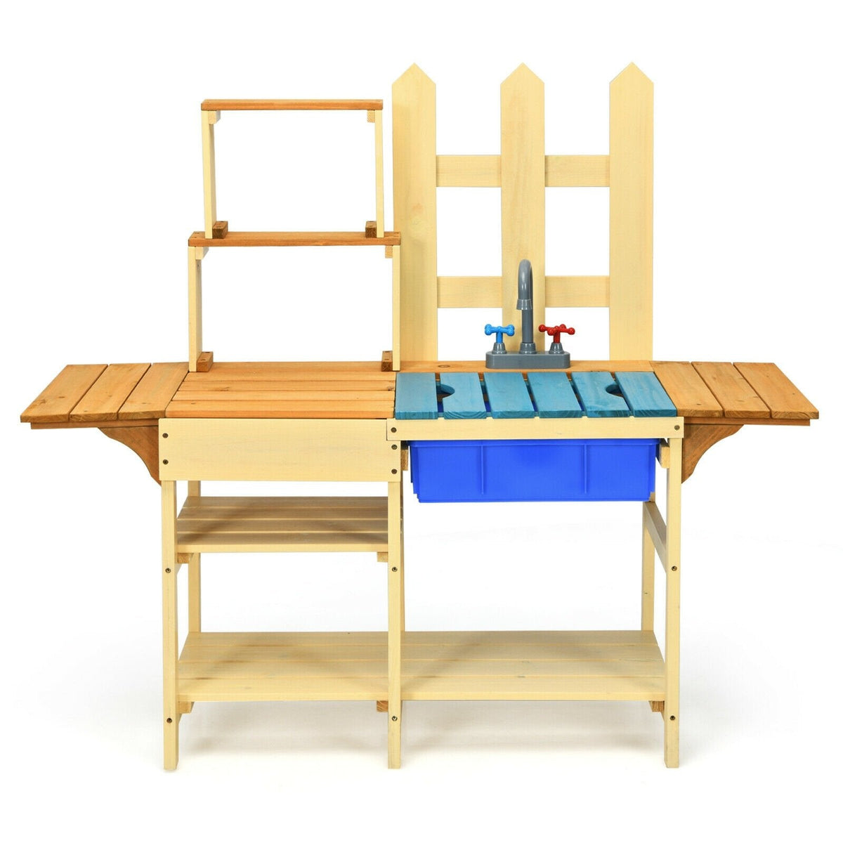 Outdoor Fir Wood Mud Kitchen for Kids with Basin, Tap and Folding Side Wings