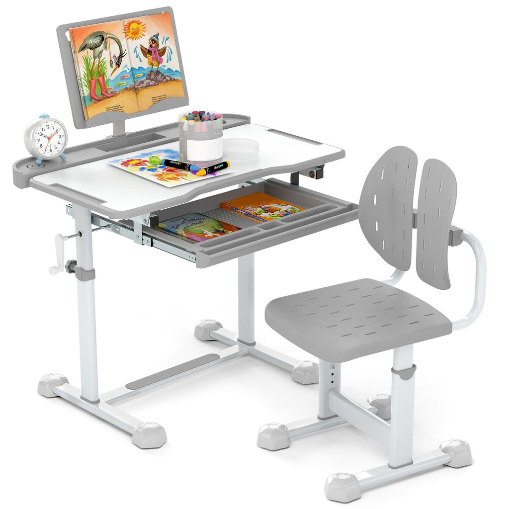 Kid's Study Desk and Chair Set with Tilt Desktop and Book Stand-Gray
