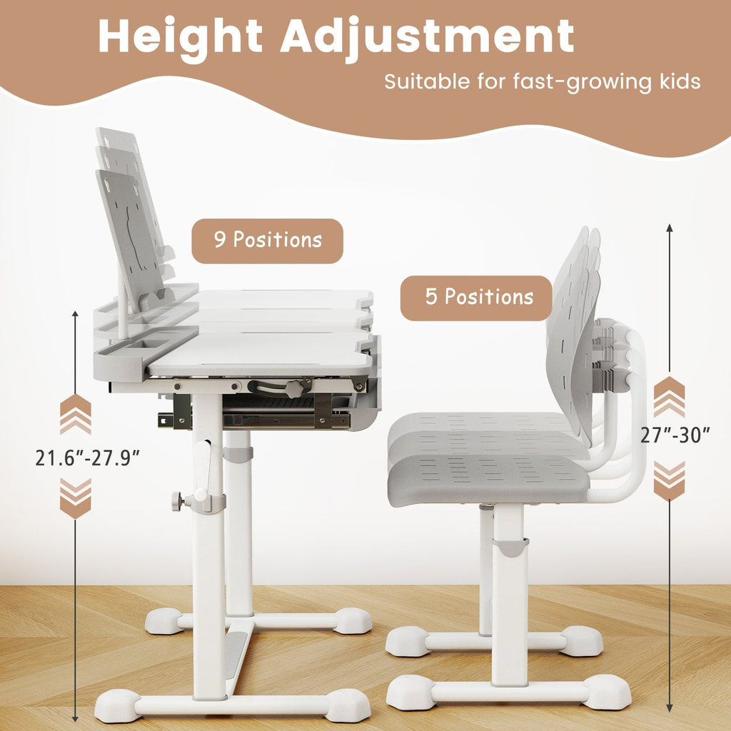 Kid's Study Desk and Chair Set with Tilt Desktop and Book Stand-Gray