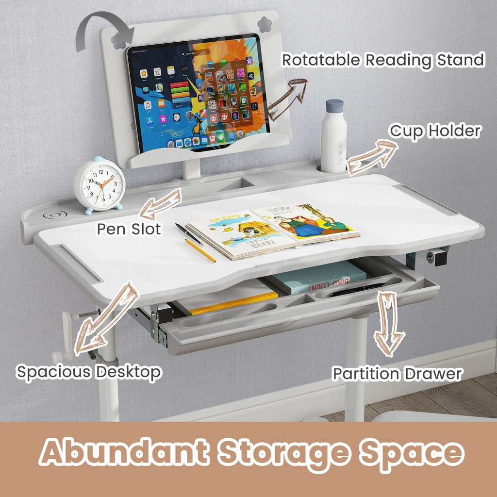 Kid's Study Desk and Chair Set with Tilt Desktop and Book Stand-Gray