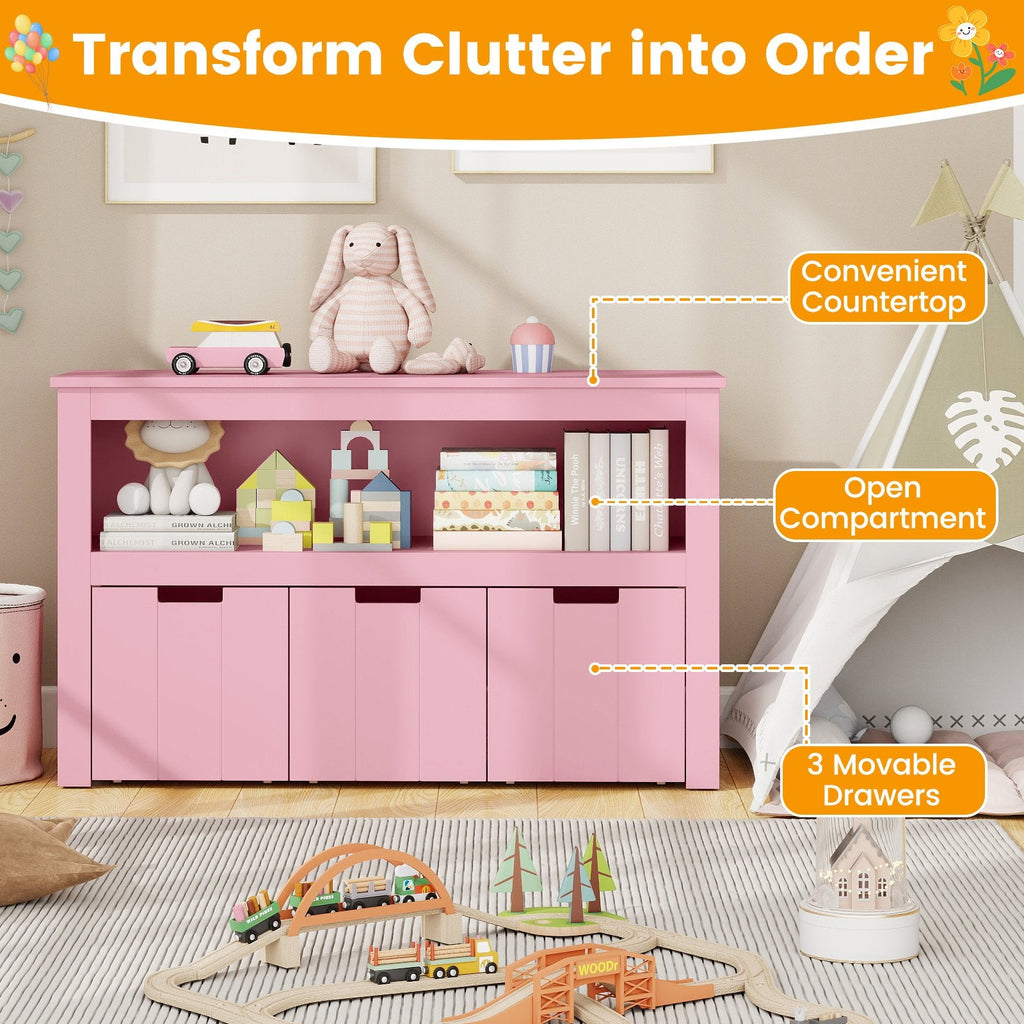 Kid Toy Storage Cabinet Drawer Chest with Wheels and Large Storage Cube Shelf-Pink