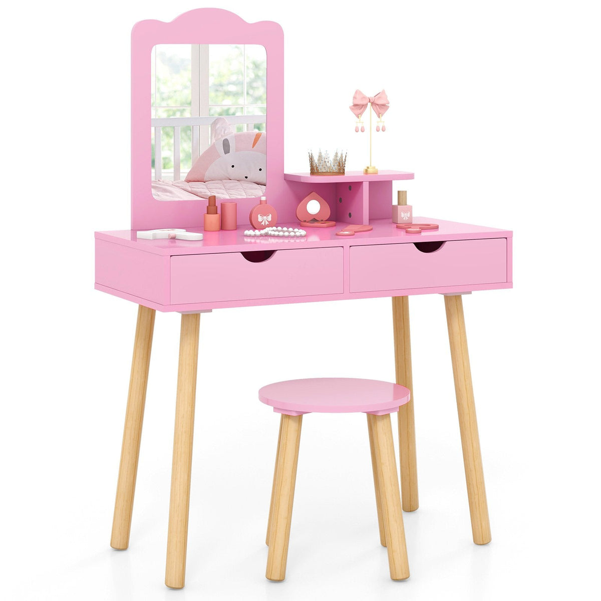 Kid Vanity Table Chair Set with Mirror and 2 Large Storage Drawers-Pink