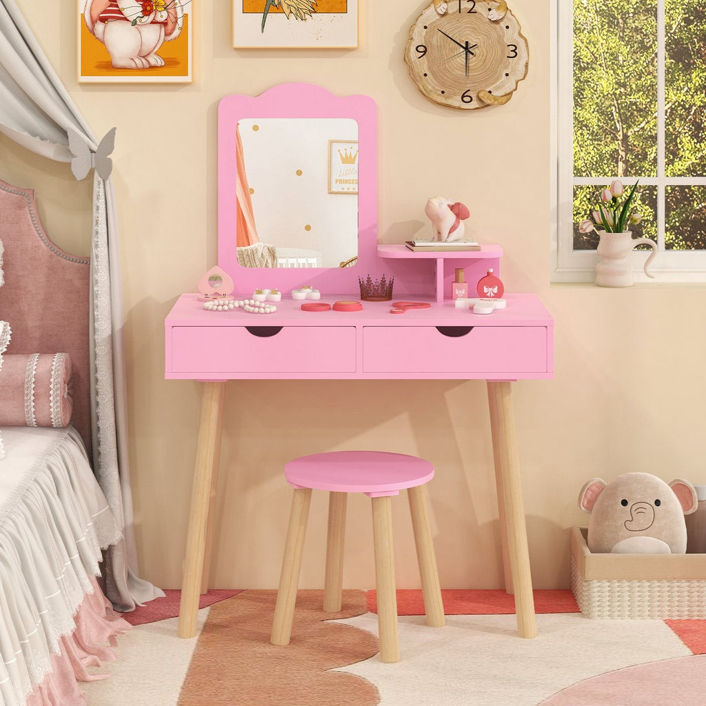 Kid Vanity Table Chair Set with Mirror and 2 Large Storage Drawers-Pink
