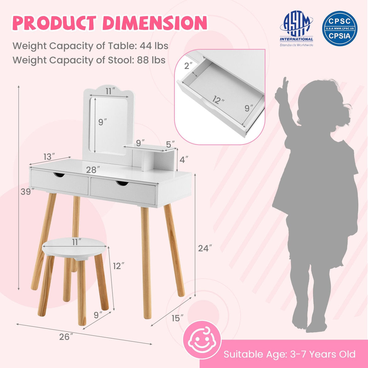 Kid Vanity Table Chair Set with Mirror and 2 Large Storage Drawers-White