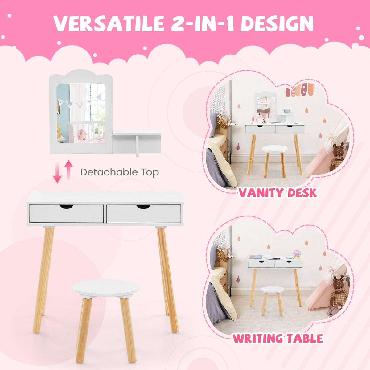 Kid Vanity Table Chair Set with Mirror and 2 Large Storage Drawers-White