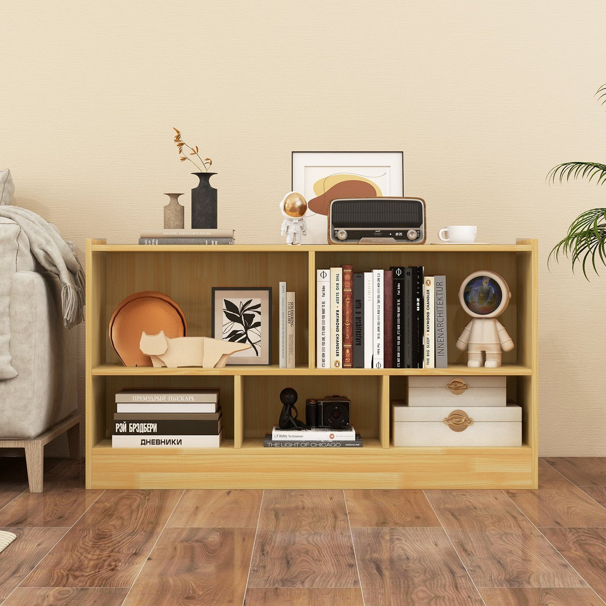 Kids 2-Shelf Bookcase 5-Cube Wood Toy Storage Cabinet Organizer-Beige