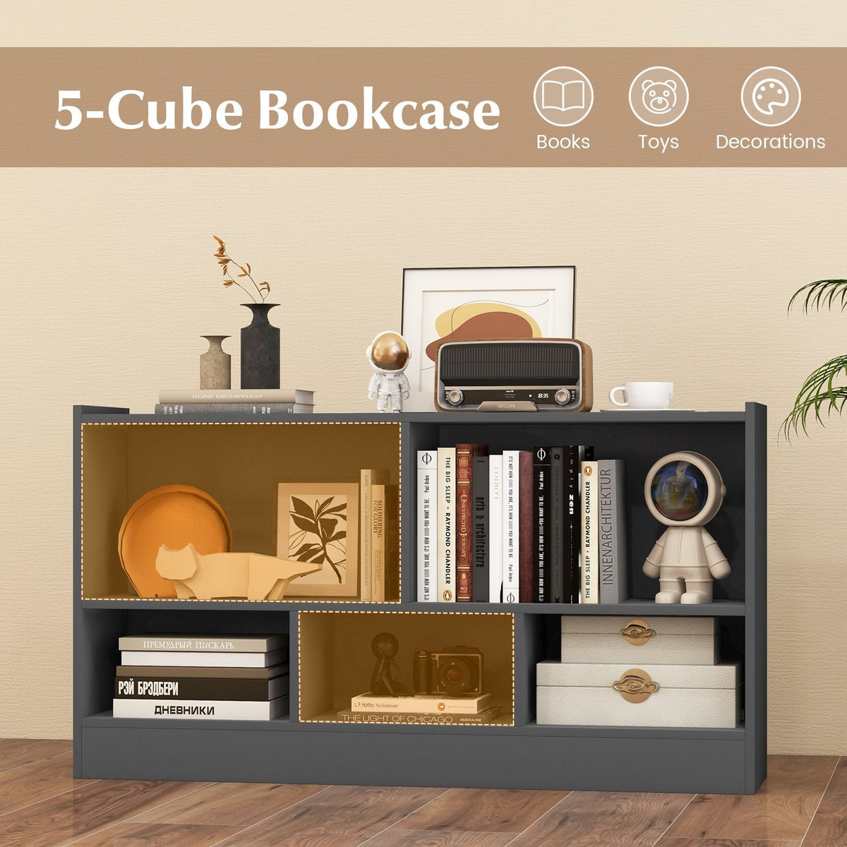 Kids 2-Shelf Bookcase 5-Cube Wood Toy Storage Cabinet Organizer-Gray