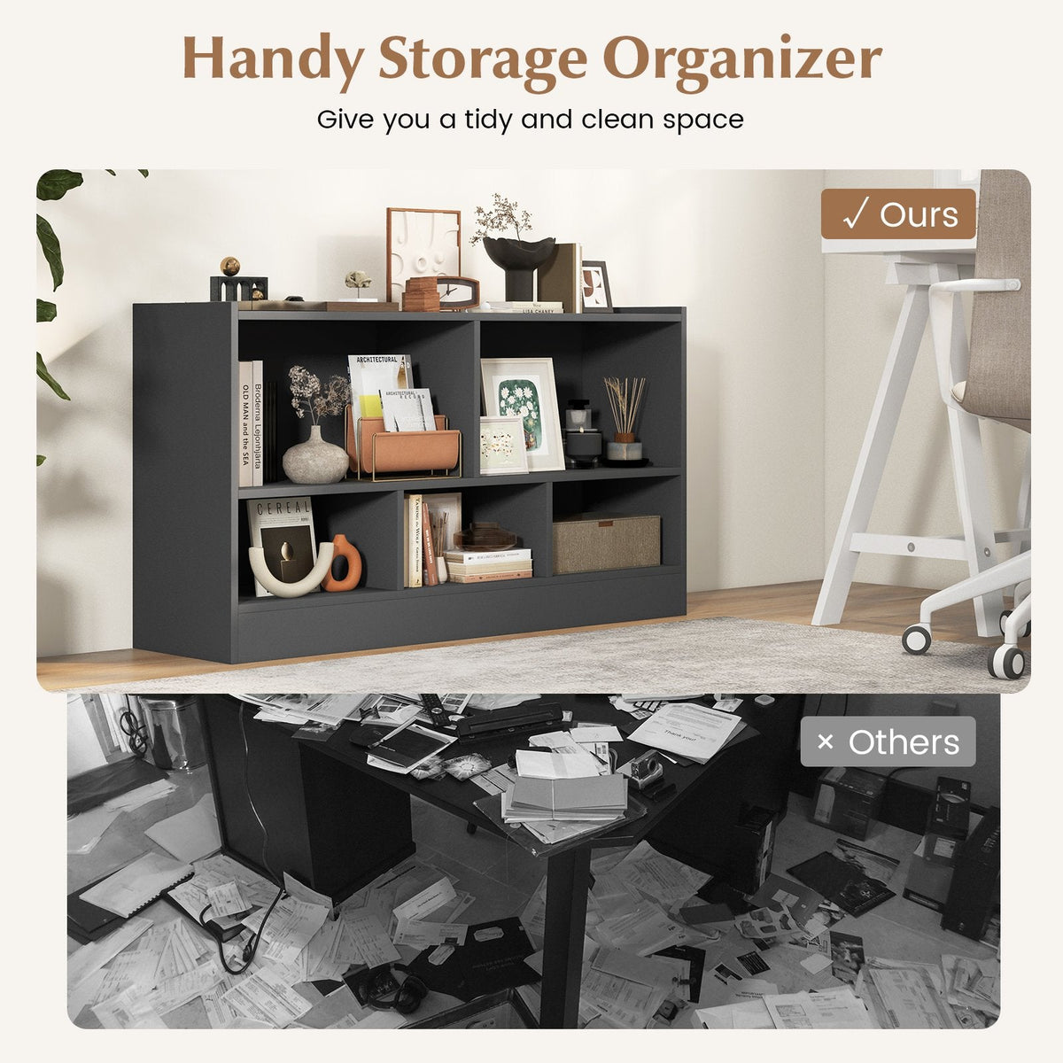 Kids 2-Shelf Bookcase 5-Cube Wood Toy Storage Cabinet Organizer-Gray