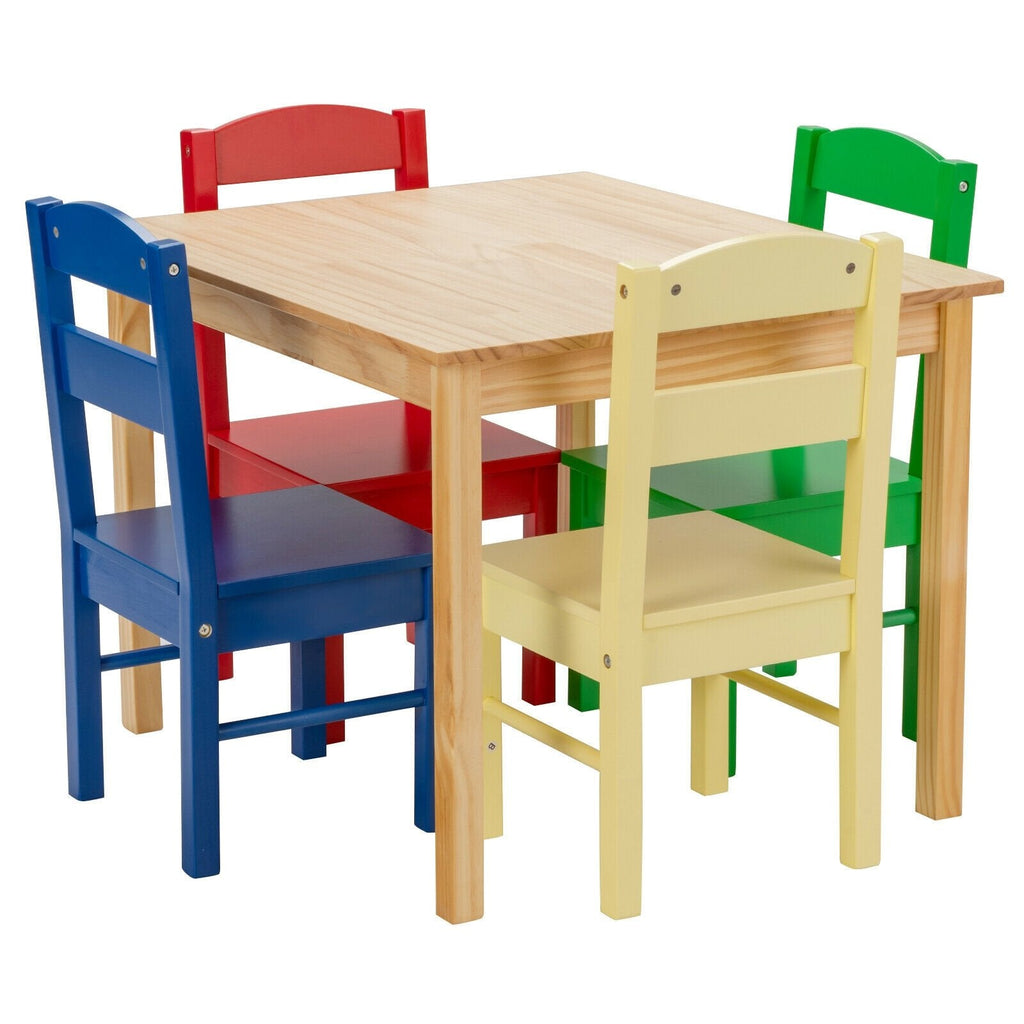 5 Piece Kids Pine Table and 4 Chair Set, Multicolour Chairs, Natural Table
