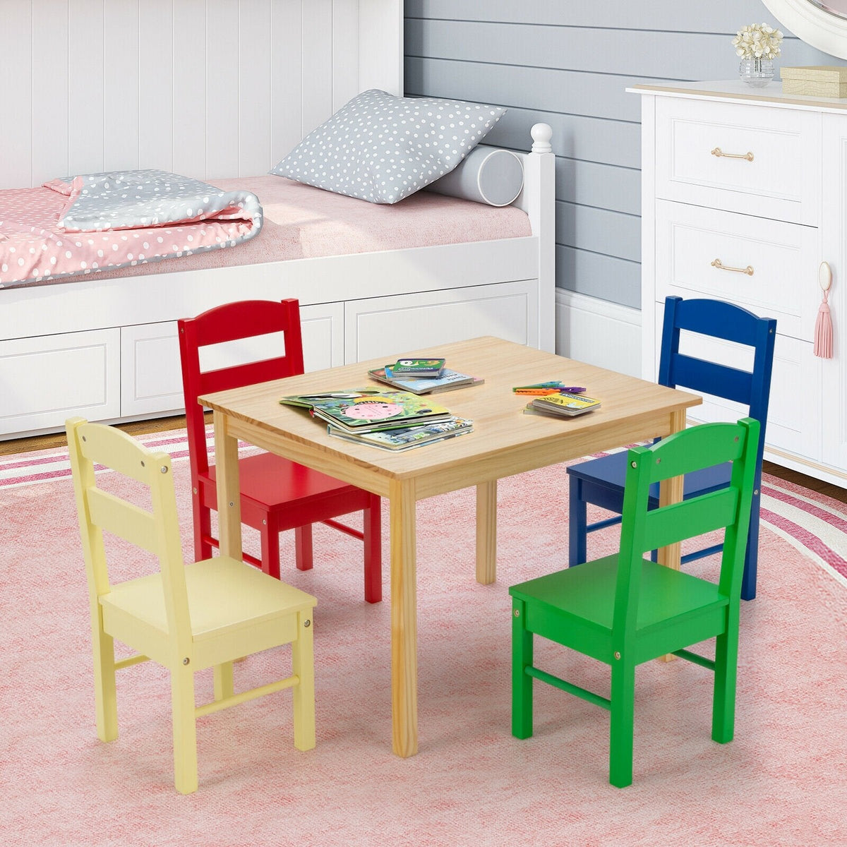 5 Piece Kids Pine Table and 4 Chair Set, Multicolour Chairs, Natural Table