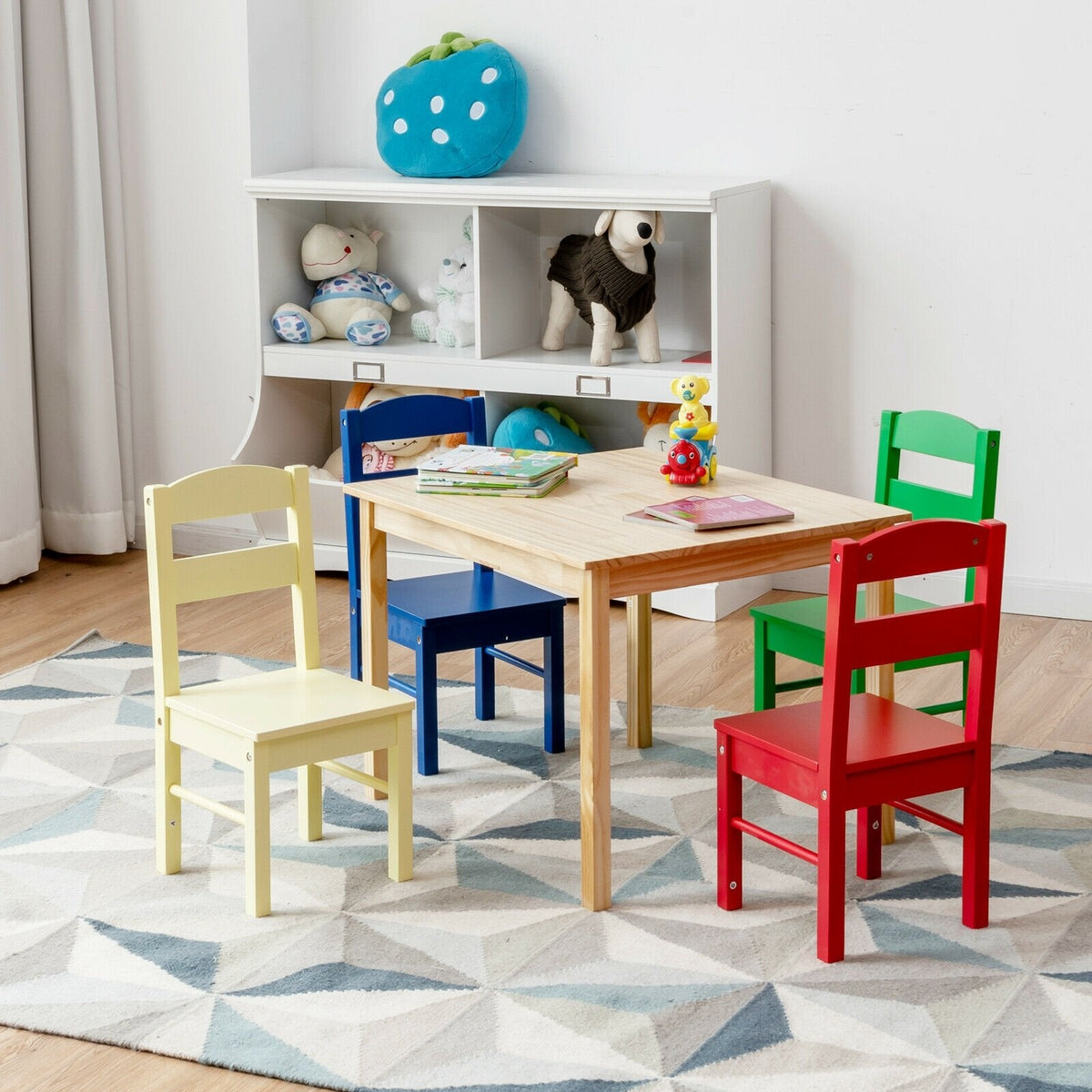 5 Piece Kids Pine Table and 4 Chair Set, Multicolour Chairs, Natural Table