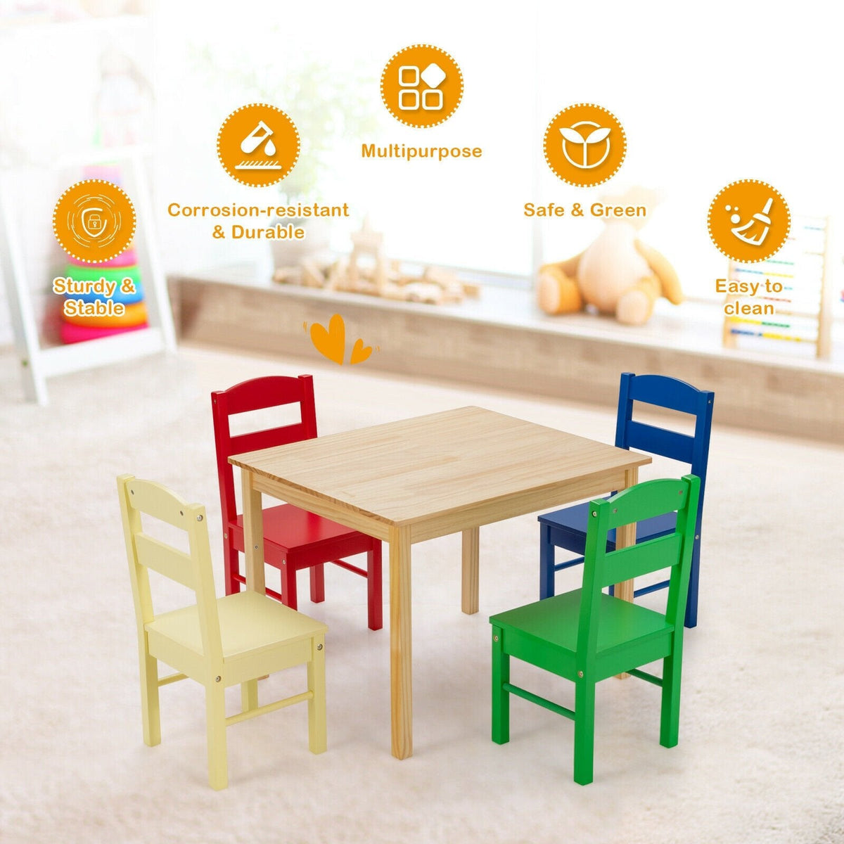 5 Piece Kids Pine Table and 4 Chair Set, Multicolour Chairs, Natural Table