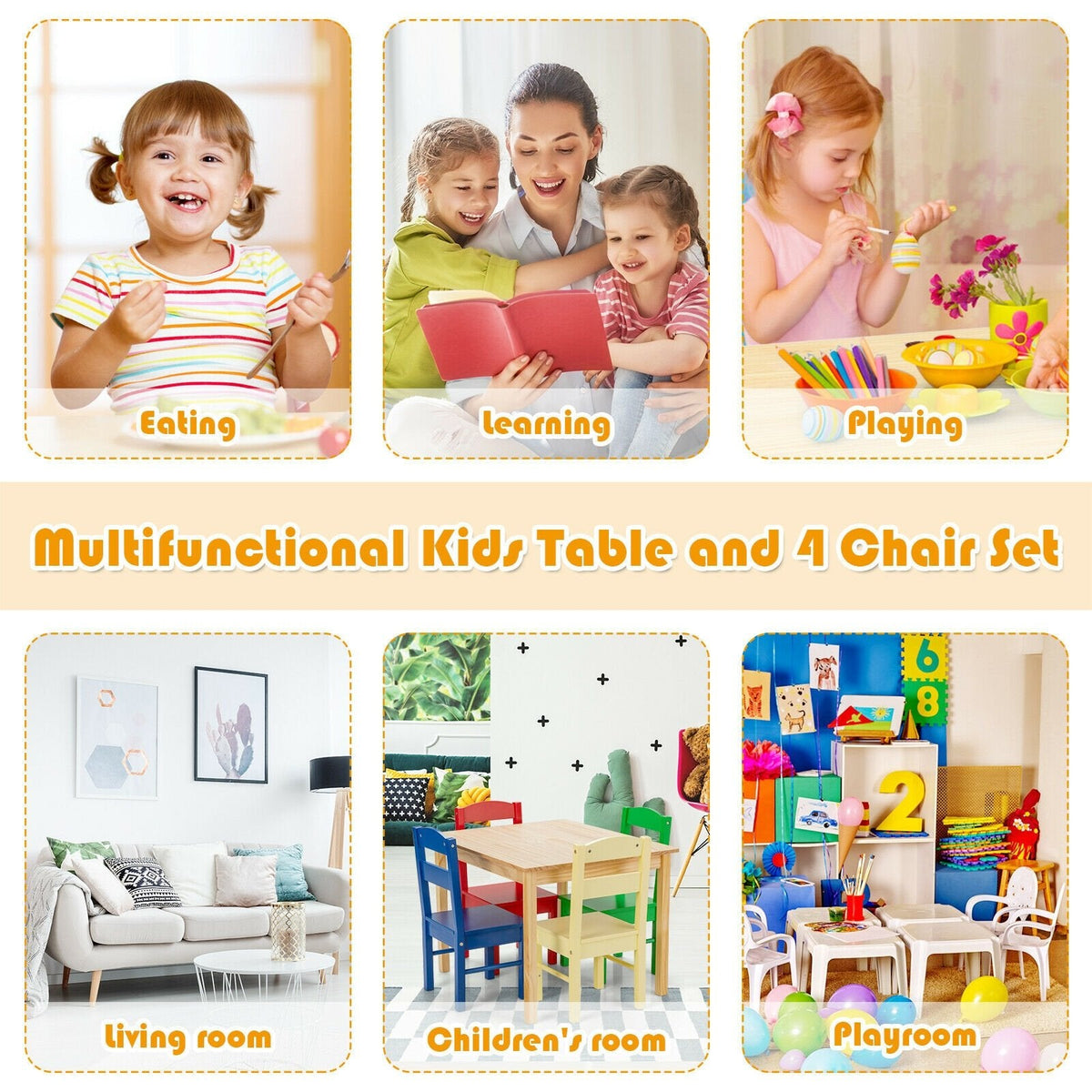 5 Piece Kids Pine Table and 4 Chair Set, Multicolour Chairs, Natural Table