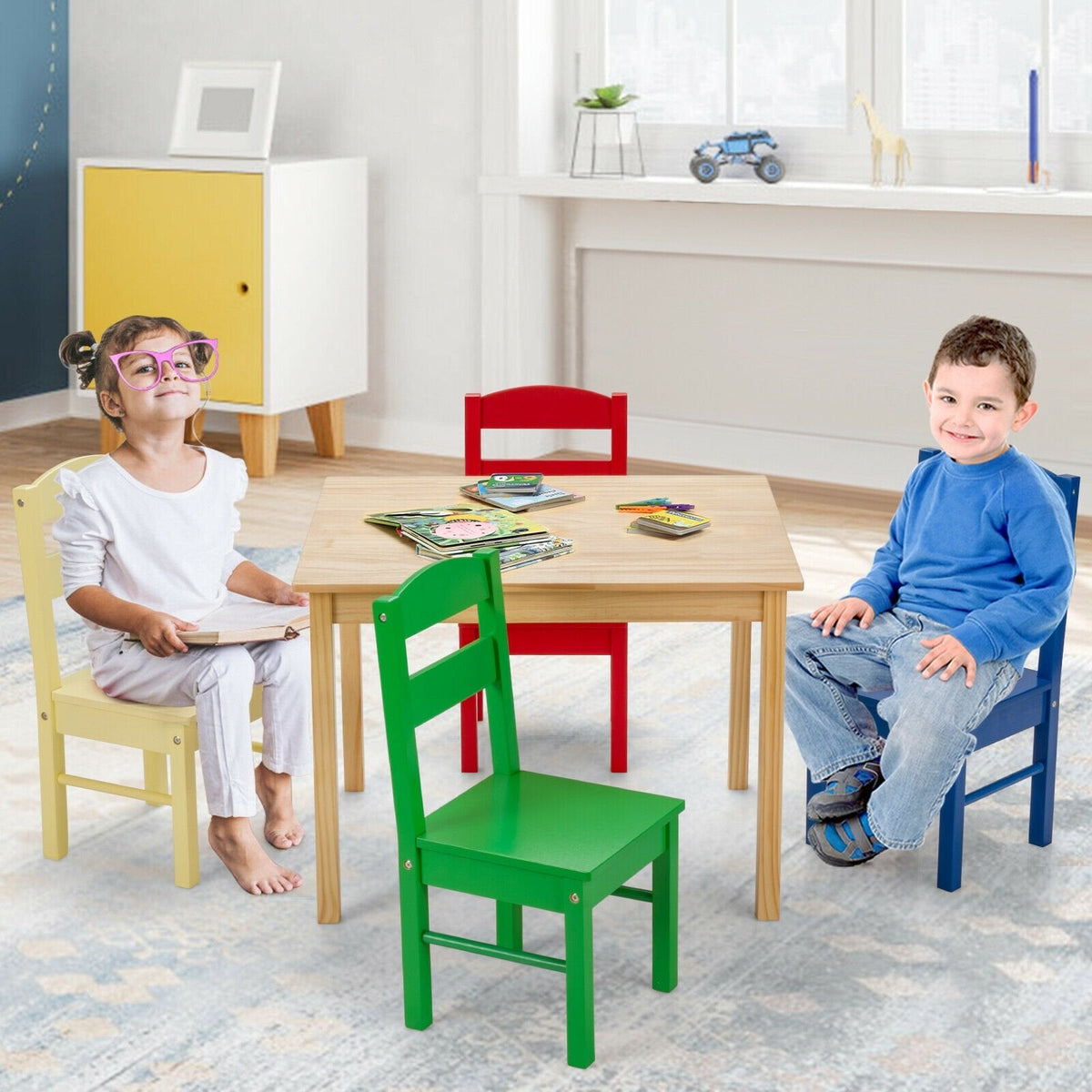 5 Piece Kids Pine Table and 4 Chair Set, Multicolour Chairs, Natural Table