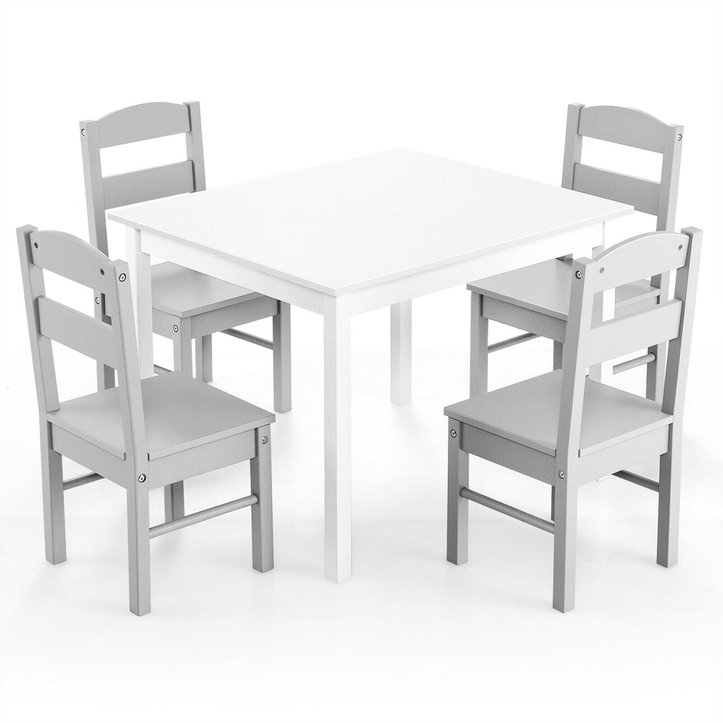 5 Piece Kids Table and 4 Chair Set, White Table with Grey Chairs