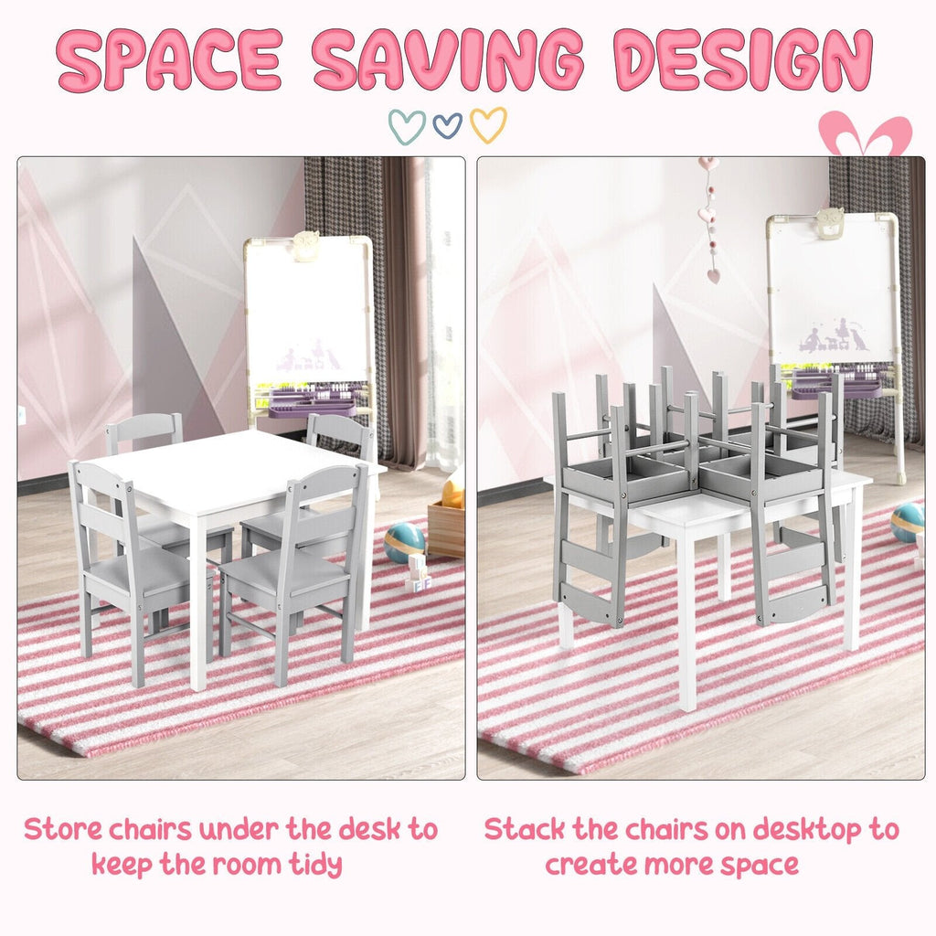 5 Piece Kids Table and 4 Chair Set, White Table with Grey Chairs