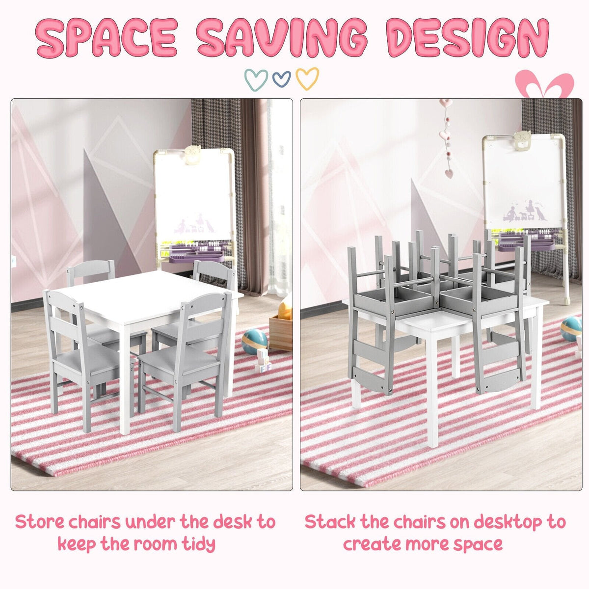 5 Piece Kids Table and 4 Chair Set, White Table with Grey Chairs