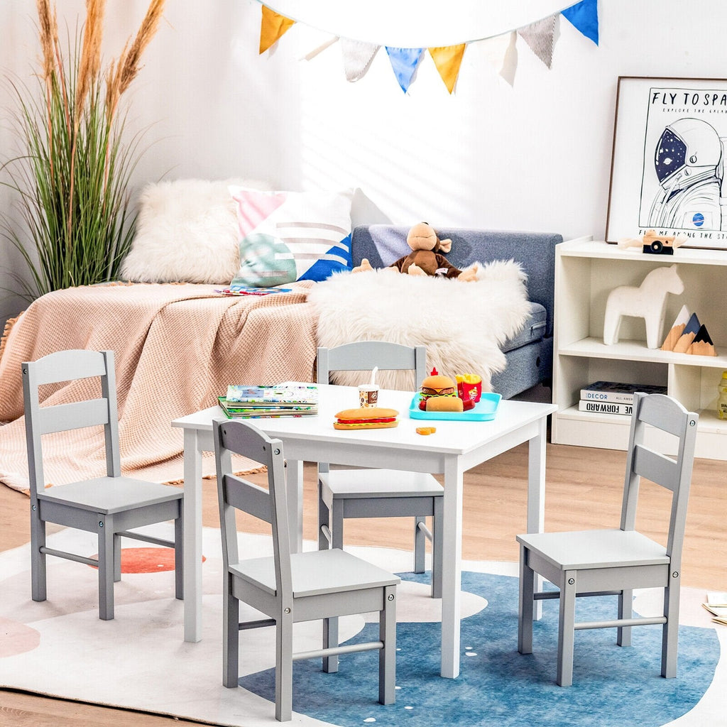 5 Piece Kids Table and 4 Chair Set, White Table with Grey Chairs