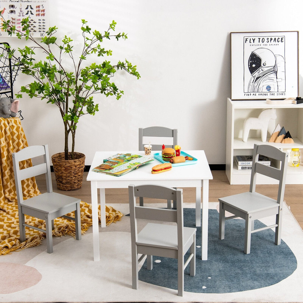 5 Piece Kids Table and 4 Chair Set, White Table with Grey Chairs
