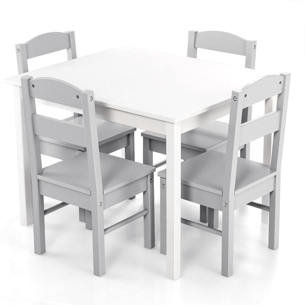 5 Piece Kids Table and 4 Chair Set, White Table with Grey Chairs