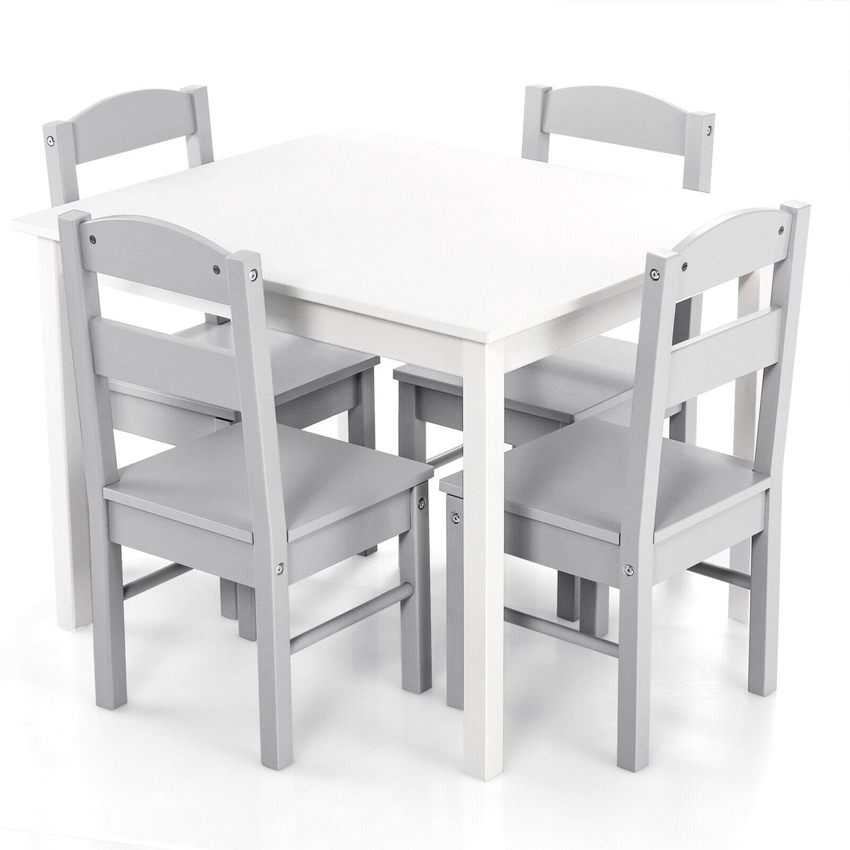5 Piece Kids Table and 4 Chair Set, White Table with Grey Chairs