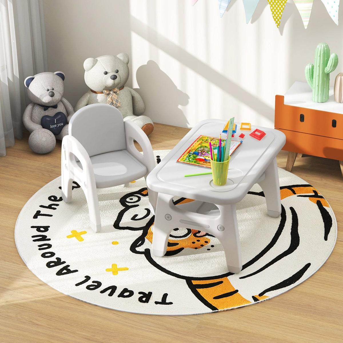 Kids Activity Table and Chair Set with Montessori Toys for Preschool and Kindergarten-Gray