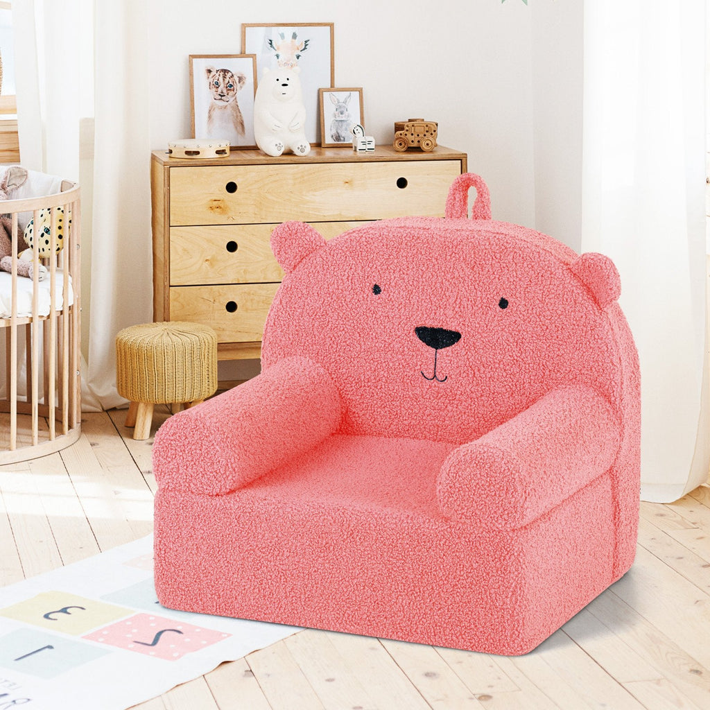 Kids Bear Sofa Toddler Foam Couch with Soft Fleece Fabric Cover-Pink