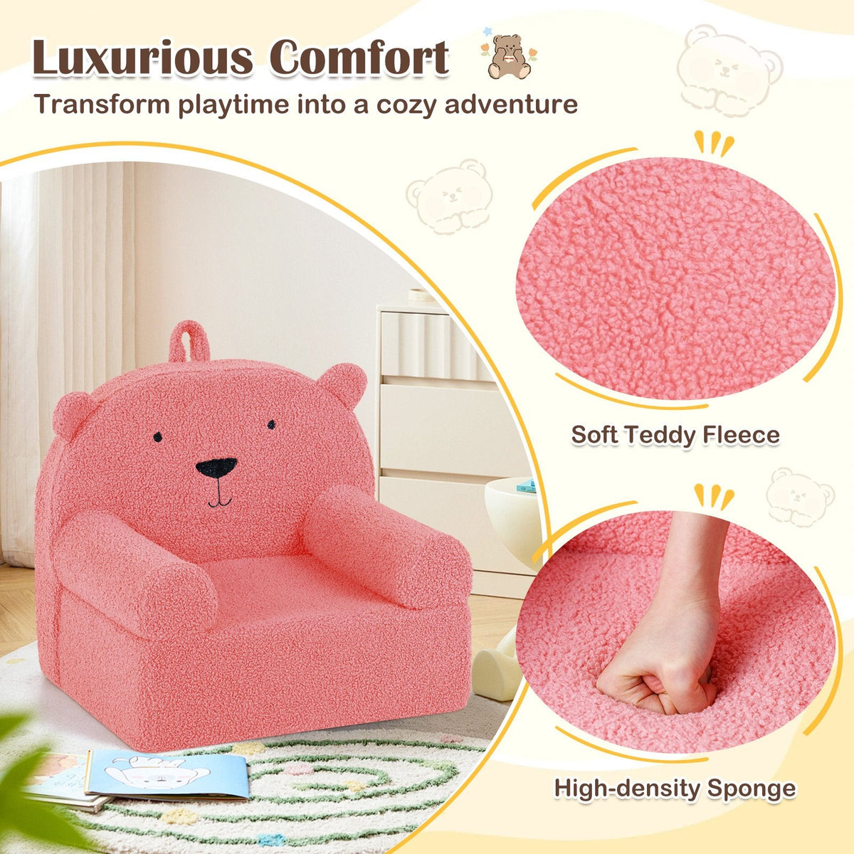 Kids Bear Sofa Toddler Foam Couch with Soft Fleece Fabric Cover-Pink