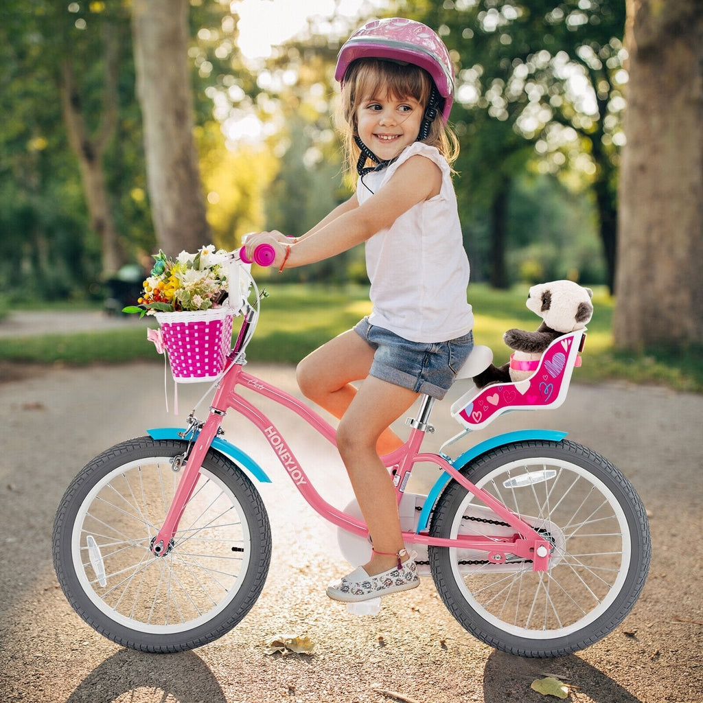 18 Inch Kids Bike with Doll Seat, Woven Basket and Training Wheels, Pink