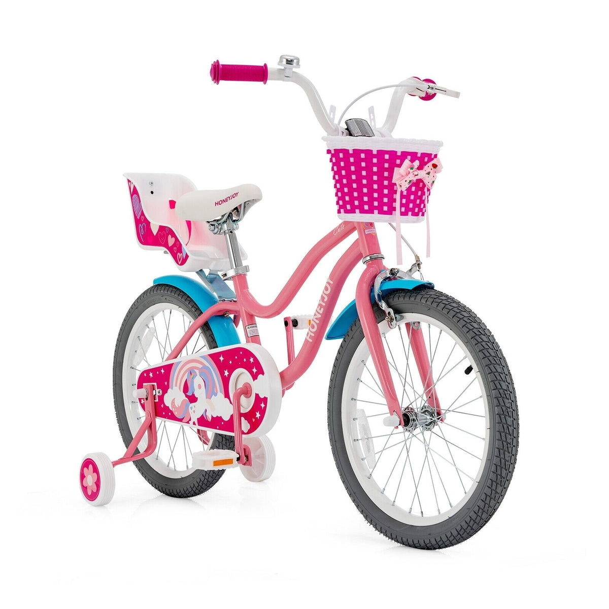 18 Inch Kids Bike with Doll Seat, Woven Basket and Training Wheels, Pink