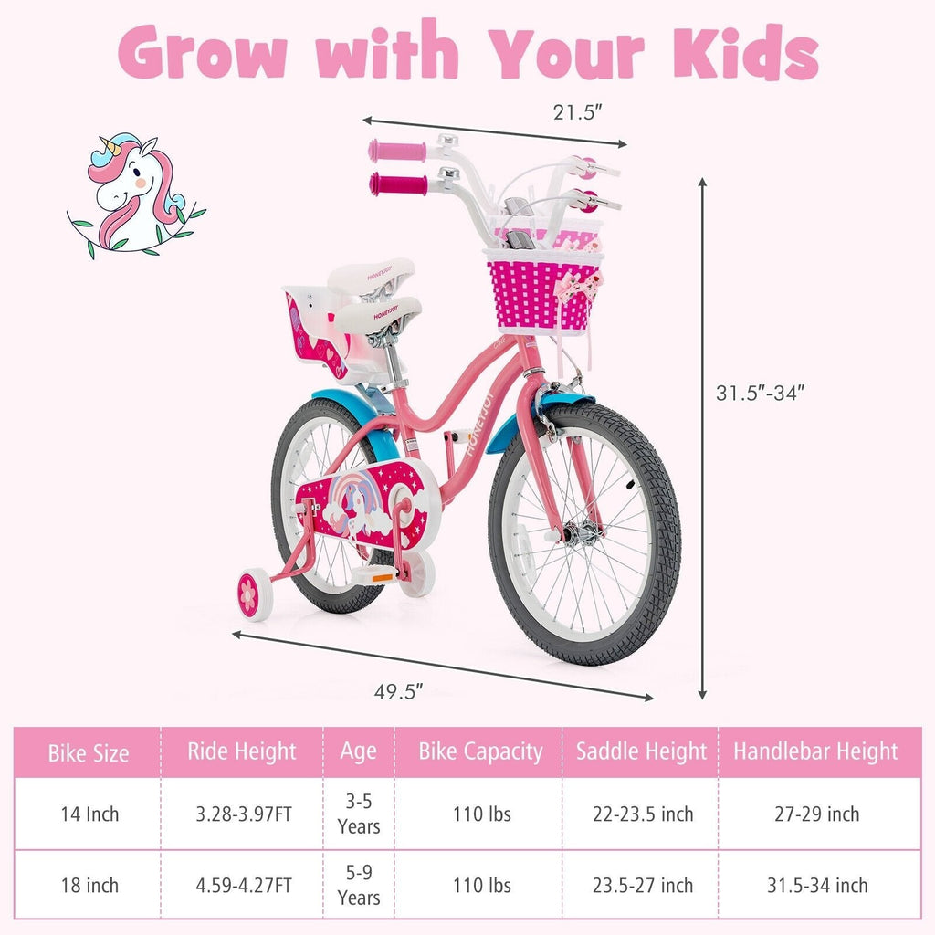 18 Inch Kids Bike with Doll Seat, Woven Basket and Training Wheels, Pink