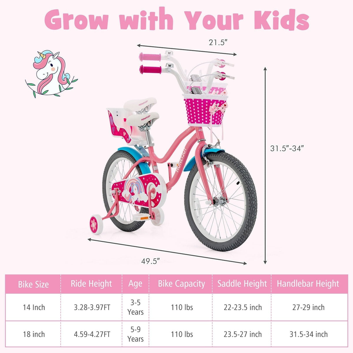 18 Inch Kids Bike with Doll Seat, Woven Basket and Training Wheels, Pink
