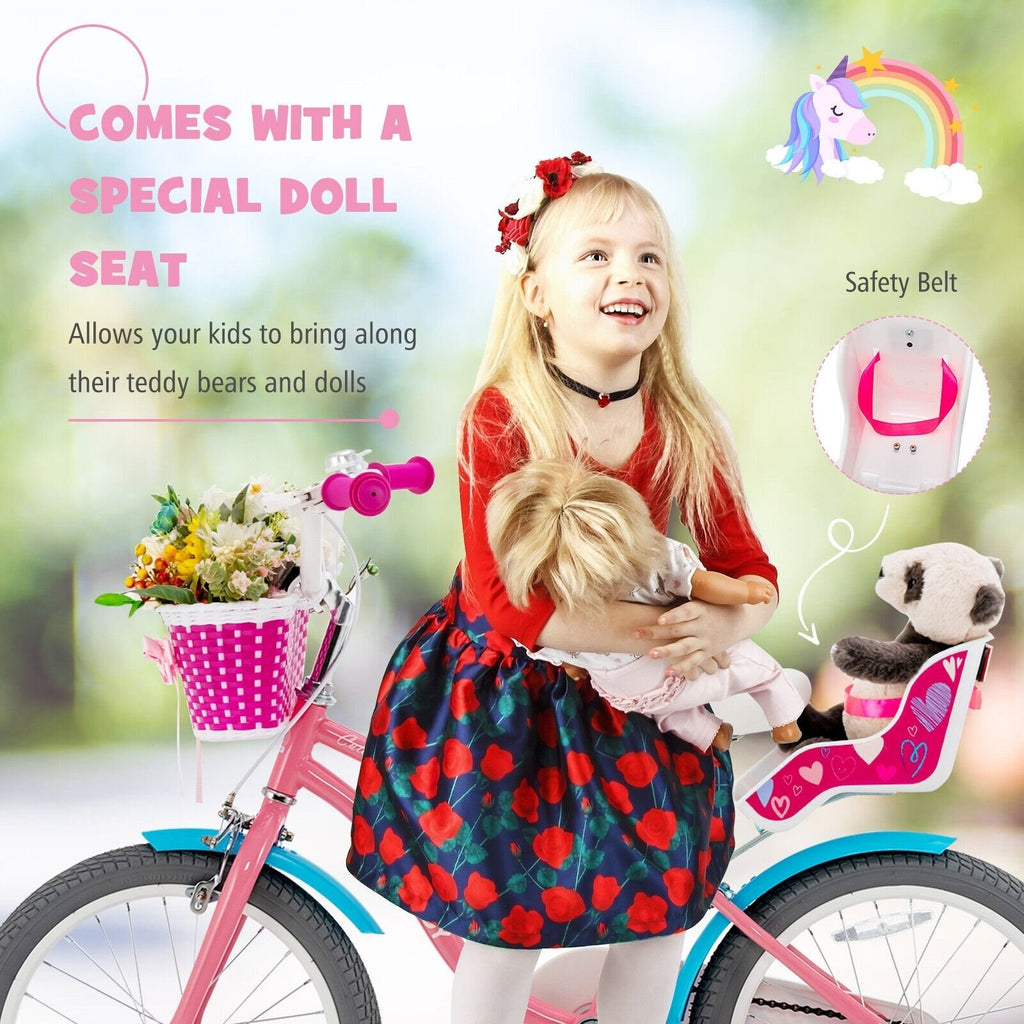 18 Inch Kids Bike with Doll Seat, Woven Basket and Training Wheels, Pink