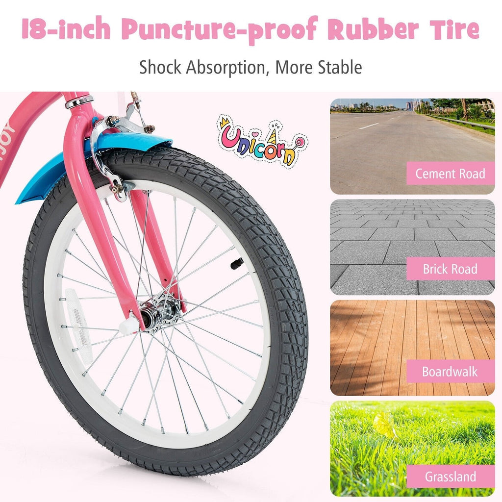 18 Inch Kids Bike with Doll Seat, Woven Basket and Training Wheels, Pink