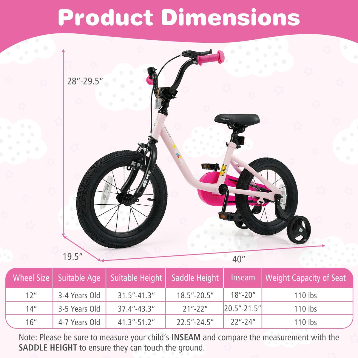 14 Inch Kids Bike with Wheel Reflectors and Removable Training Wheels, Pink