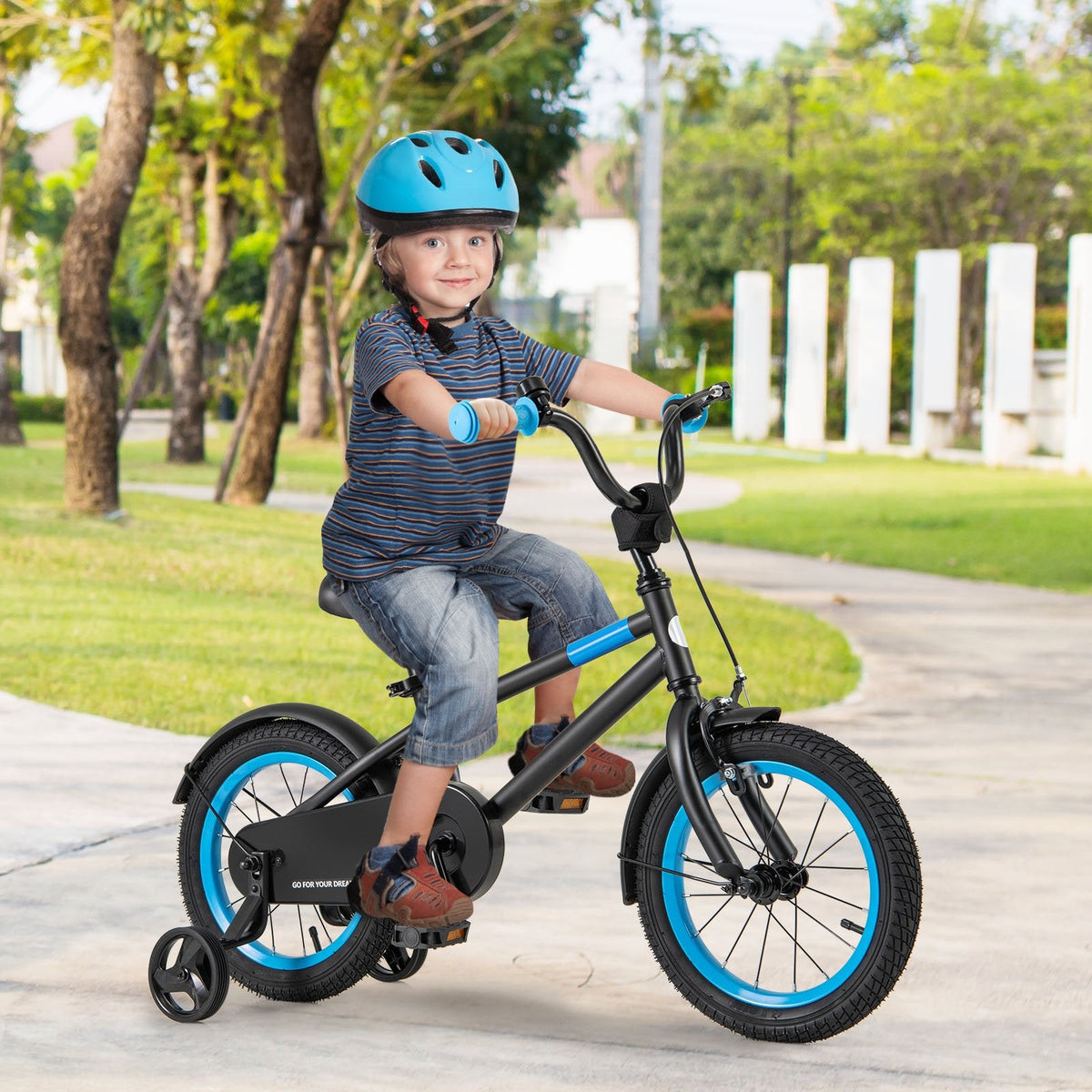 14 Inch Kids Bike with Adjustable Handlebar and Saddle, Black and Blue