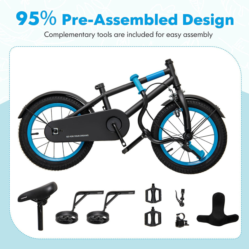 14 Inch Kids Bike with Adjustable Handlebar and Saddle, Black and Blue