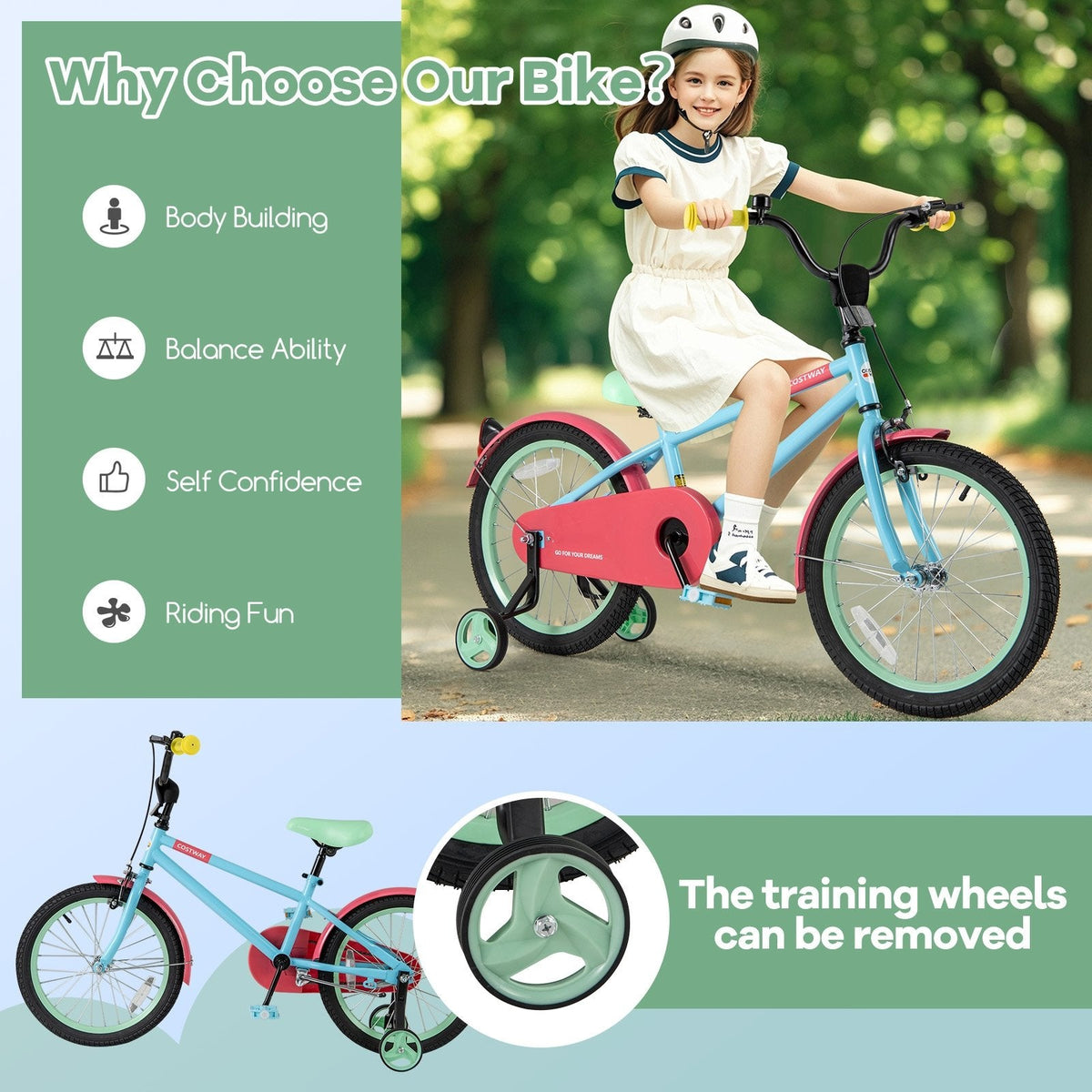 18 Inch Kids Bike with Adjustable Handlebar and Saddle, Light Blue