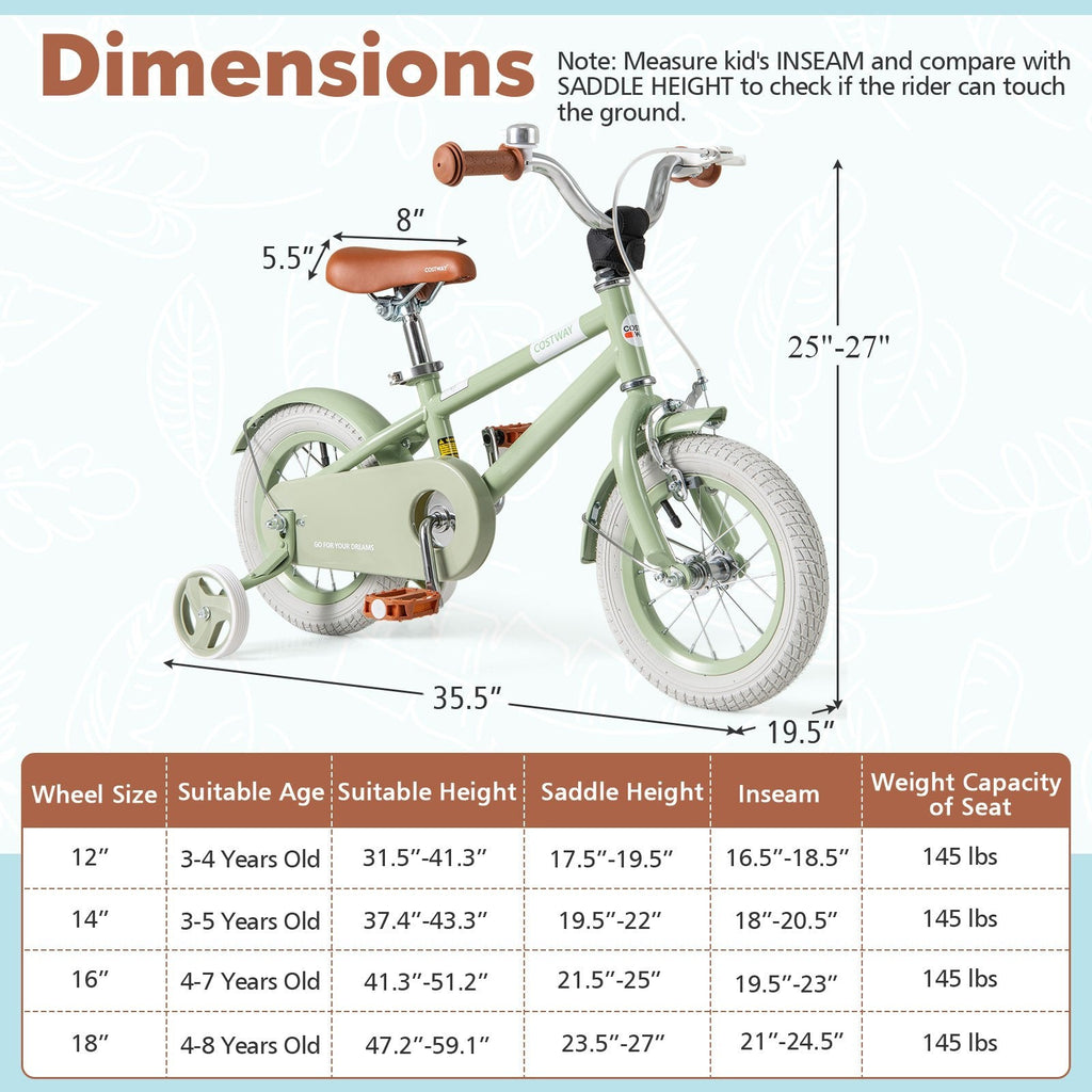 12 Inch Kids Bike with Adjustable Handlebar and Saddle, Sage Green