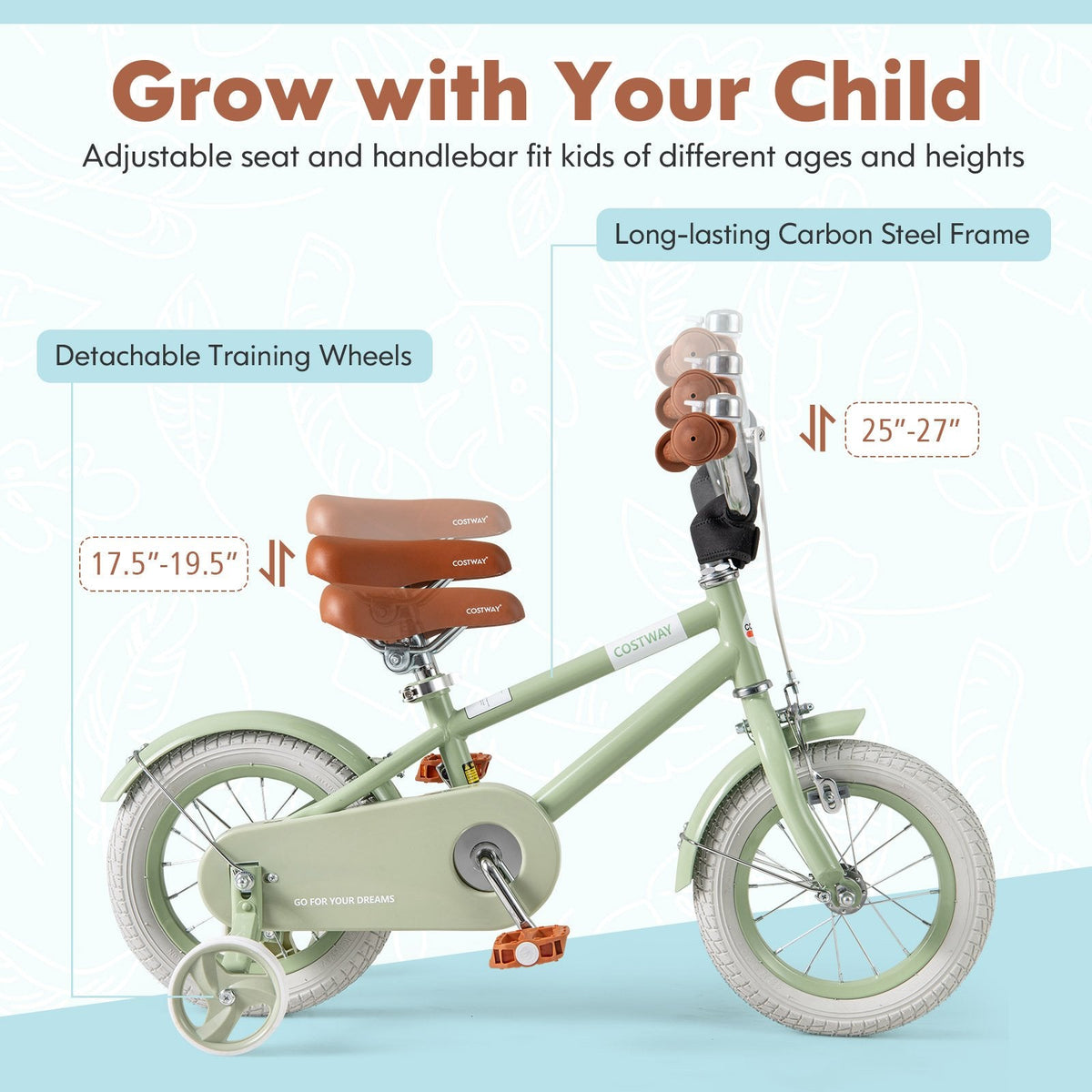 12 Inch Kids Bike with Adjustable Handlebar and Saddle, Sage Green