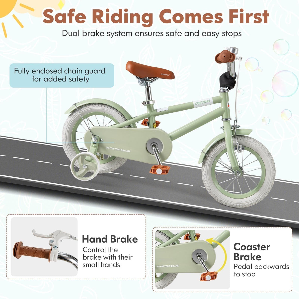 12 Inch Kids Bike with Adjustable Handlebar and Saddle, Sage Green