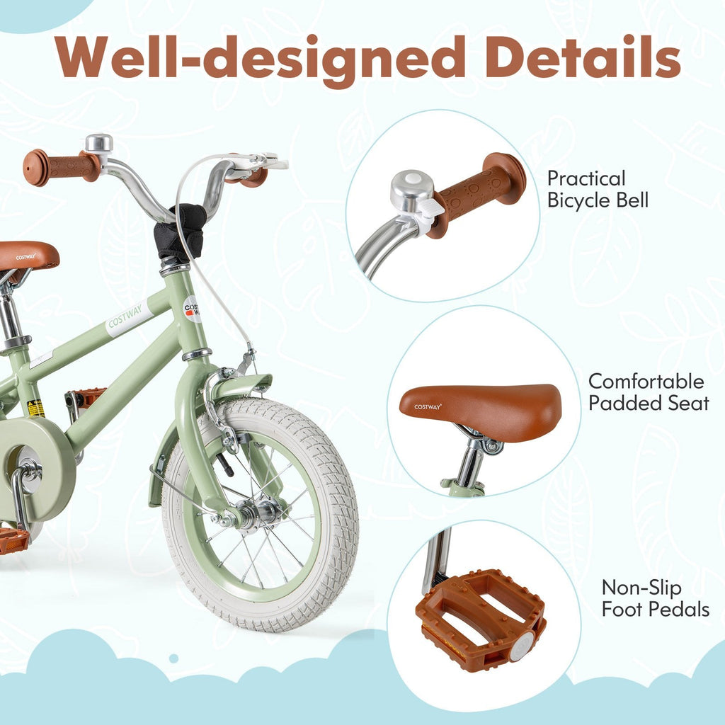 12 Inch Kids Bike with Adjustable Handlebar and Saddle, Sage Green