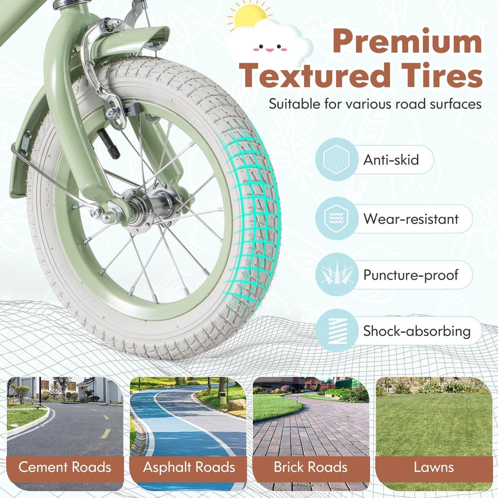 12 Inch Kids Bike with Adjustable Handlebar and Saddle, Sage Green
